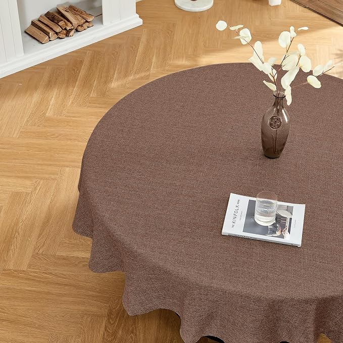 BALCONY & FALCON Round Tablecloth Washable Wrinkle Resistant and Water Proof Table Cloth Decorative Linen Fabric Tablecloths for Dining Parties Kitchen Wedding and Outdoor Use(Brown, 107" Round)