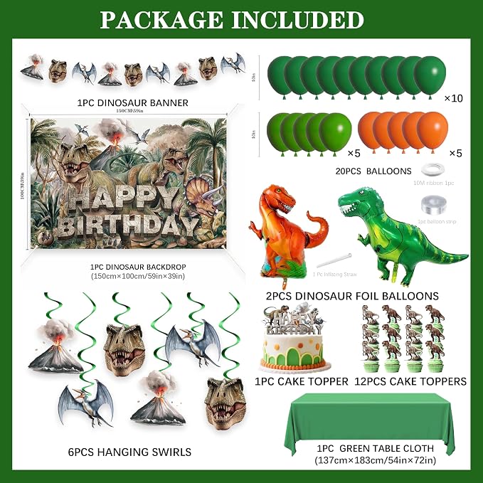 Dinosaur Birthday Party Decorations Set, 59x39in Jungle Prehistoric Photography Backdrop, T-Rex Foil Balloons, Latex Balloons, Tablecloth, Cake Toppers, Dino Roar Theme Supplies for Boys Kids