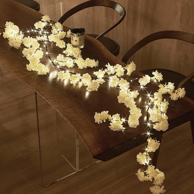 LITBLOOM Cherry Blossom Garland with Lights Battery Operated with Timer 96 Fairy Lights 6FT, Lighted White Flower Garland for Mantle Fireplace Wedding Party Spring Decoration Indoor Outdoor