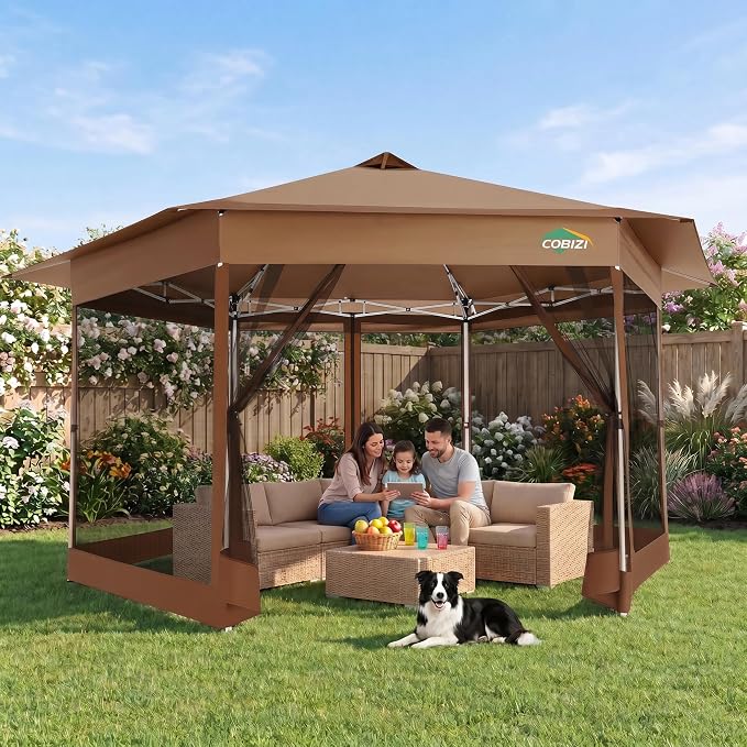 COBIZI 16x16 Pop Up Gazebo Tent with Mosquito Netting, Gazebos on Clearance, Hexagonal Outdoor Canopy Shelter, Patented Center Lock 6-Sided Portable Gazebos, Pop Up Canopy Tent for Backyard, Brown