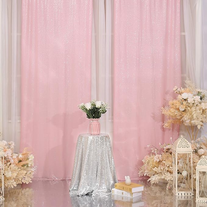 Poise3EHome Pink Sequin Backdrop Curtain, 2 Panels 2Ft x 8Ft Glitter Photography Background for Party Baby Shower Wedding Birthday Christmas Thanksgiving Halloween Decoration