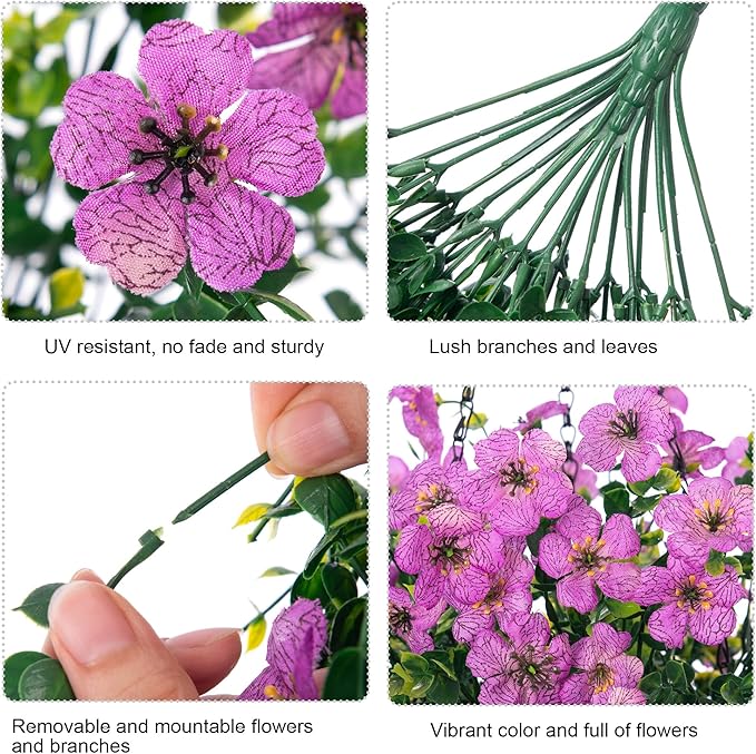 HyeFlora Artificial Flowers for Outdoors Garland Decoration, 2Pcs Purple Fake Hanging Flowers, UV & Fading Resistant, Faux Decor for Home Porch Patio Balcony Planter Yard