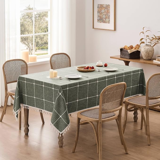 ZeeMart Boho Grid Table Cloth with Tassels (Olive, 60" x 104"), Heavy Weight Linen Checked Embroidered Farmhouse Tablecloth, Water Resistant Rectangle Olive Green Tablecloths
