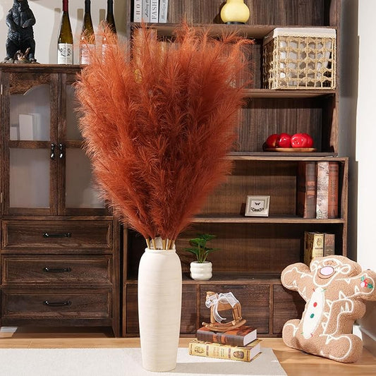 Premium Faux Burnt Orange Pampas Grass – 55" 8pcs Tall Ultra-Fluffy 24-Branch One-Piece Stems No Assembly, Luxury Silk-Feel Feather Flowers for Fall Autumn Boho Home Decor (Terracotta, 8 Stems)
