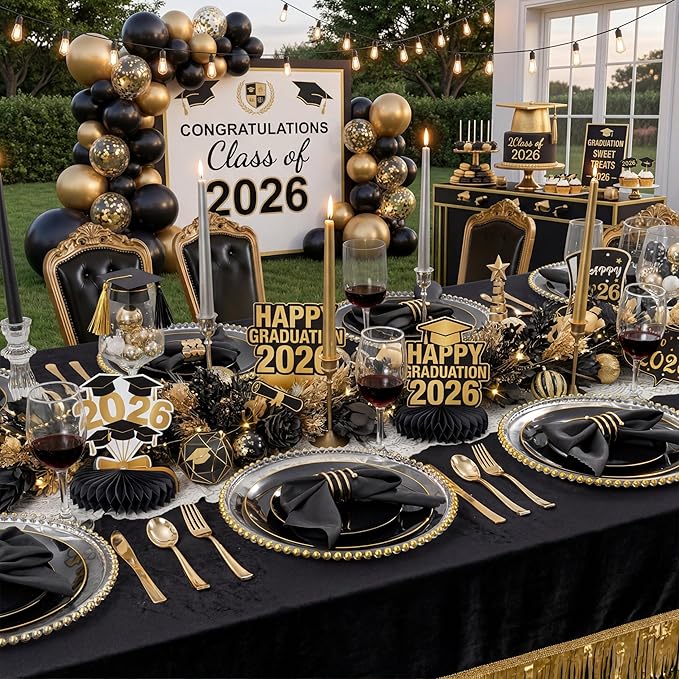 KIRE 350 PCS Plastic Dinnerware Set for 50 Guests - Black and Gold Plates 50 for Dinner 50 for Dessert & 50 Pre Rolled Napkins with Disposable Silverware 50 Cups for Graduation/Banquet/Wedding