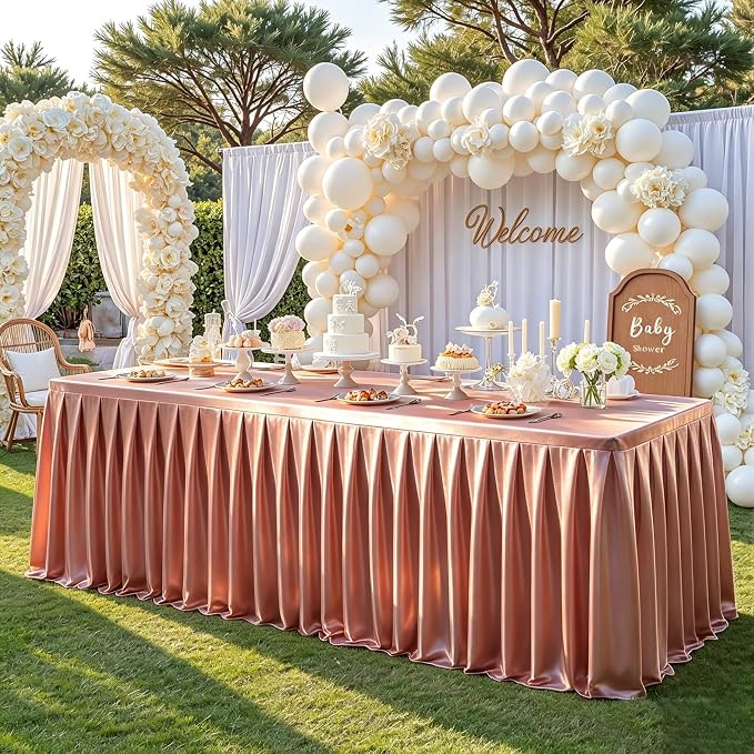 6 Packs Dusty Rose Satin Tablecloths Rectangle 8FT, Glitter Spandex Fitted Stretch Table Covers Wrinkle-Free Floor Length Shimmer Table Skirt for Weddings Parties Baby Shower Banquets Vendor Events