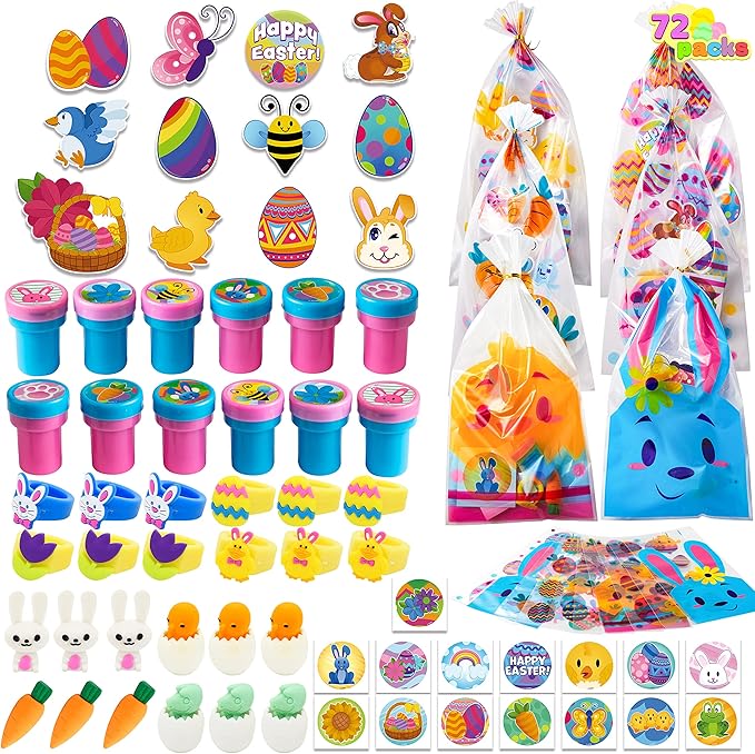 JOYIN 72 Pcs Easter Party Favors Set, 12 Packs Assorted Goody Bags with Rings/Sticker, Foam Stickers, Stampers for Kids Gift, Easter Egg Hunt, Basket Stuffers
