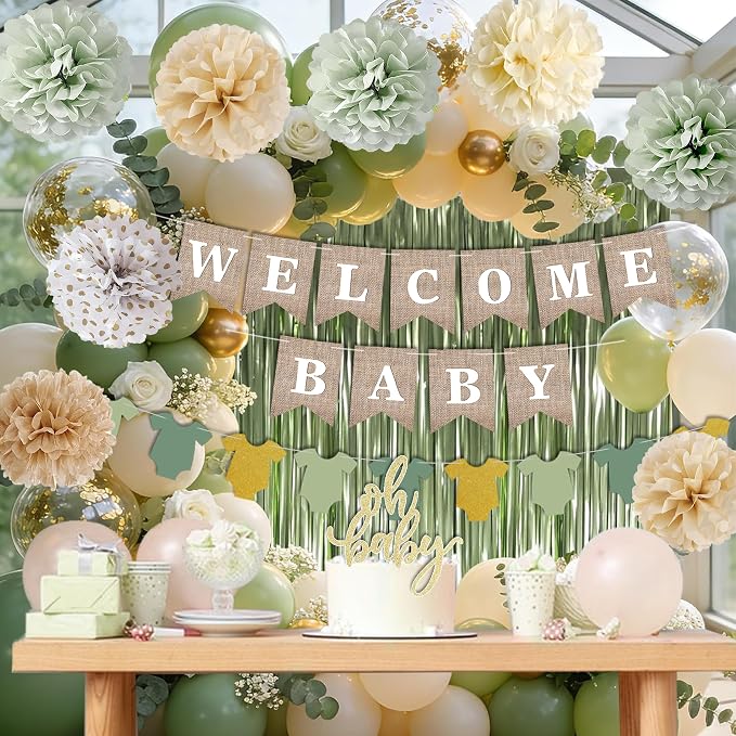 Sage Green Baby Shower Decorations, Green Balloonswith WELCOME BABY Banner, Fringe Curtains Foil Balloons, Cake Topper,Pom Poms Flowers, Neutral Gender Reveal Birthday Party Supplies