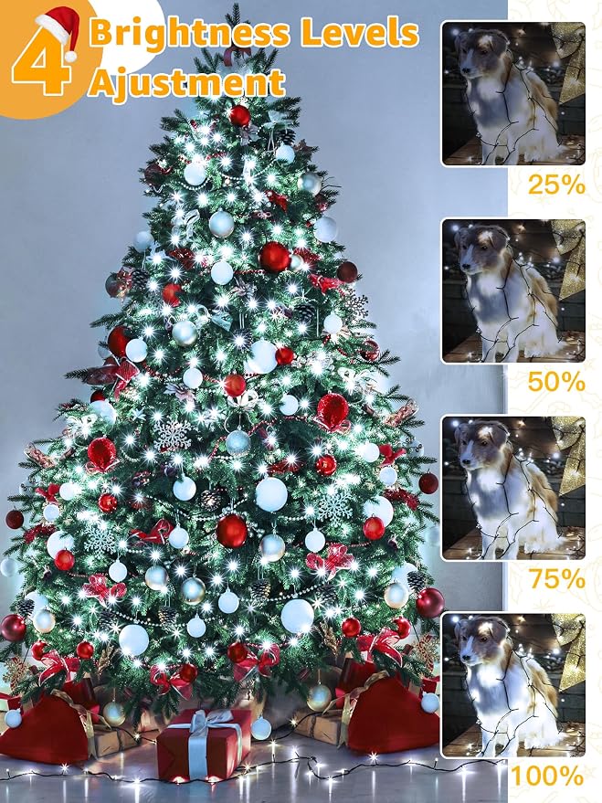 BrightChristmas 1000 LED 328 FT Outdoor String Lights with Remote and Timer, Dimmable with 8 Modes, Waterproof, Cool White Fairy Lights for Christmas Tree & Holiday Decor