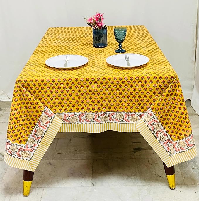 Ridhi Mustard Yellow Hand Block Print Cotton Rectangle Tablecloth 102" x 48" inches Reusable Table Cover Decorative Everyday Use for Dining Room, Farmhouse, Home Gift for Spring, Mother's Day
