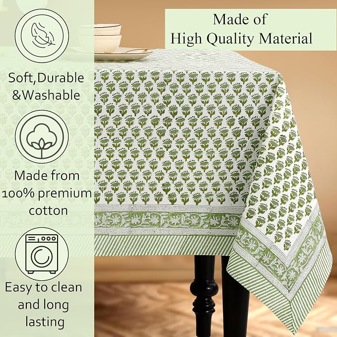 CPC Tablecloth 100% Cotton 70x108 Inch Indian Block Print Rectangle Table Cover, Green Table Cloth for Weddings, Spring/Summer, Barbeque - Emerald Green