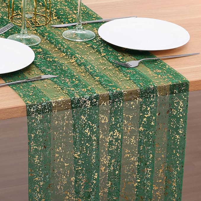 BINBE 1PCS Green Table Runner 10Ft Sheer Chiffon Fabric Cheesecloth Sequin Glitter Table Runner for Wedding Birthday Party Decor