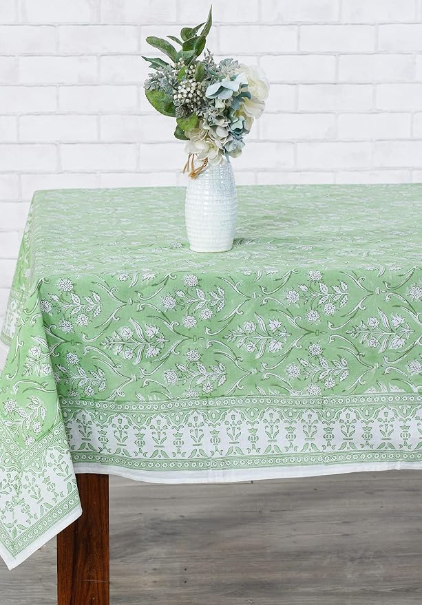 Ridhi Pear Green Hand Block Print Cotton Rectangle Tablecloth 160" x 72" inches Reusable Table Cover Decorative Everyday Use for Dining Room, Farmhouse, Home Gift for Spring, Mother's Day