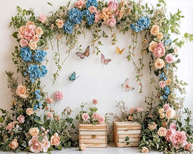 7X7ft Flower Butterfly Birthday Backdrop Spring Colorful Scenic Floral Flowers Wall Photography Backdrops Butterfly Fairy Tale Wedding Decoration Kids Birthday Party Background Photoshot