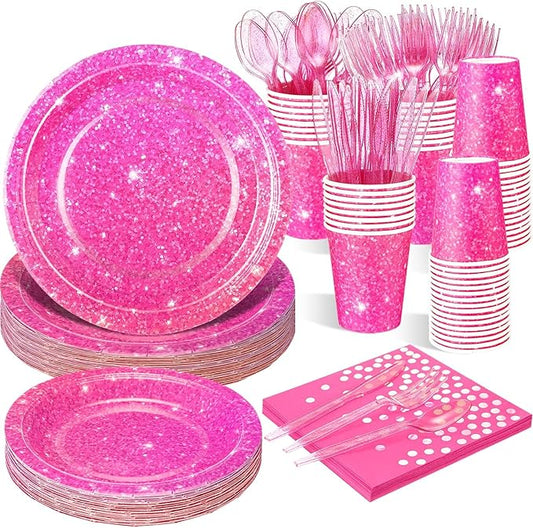 Hushee 175 Pcs Hot Pink Holographic Print Party Supplies Guests Disposable Dinnerware Set Include Paper Plates, Napkins, Cups, Plastic Cutlery for Wedding Birthday Disco Bachelorette