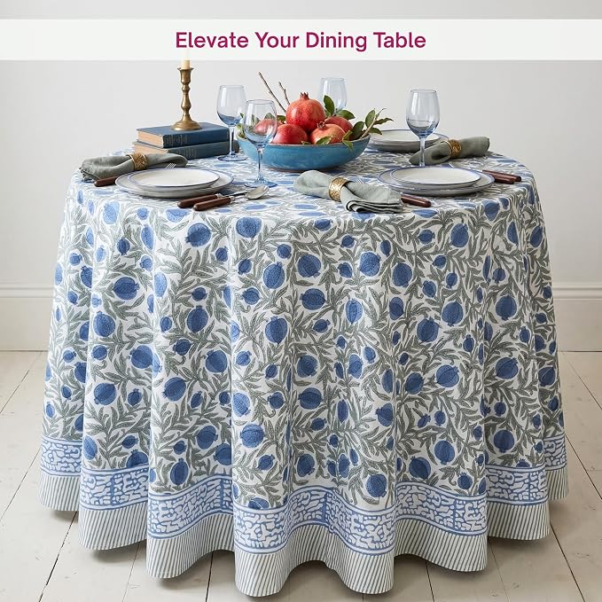 ATOSII Anar Blue 100% Cotton Round Boho Fall Tablecloth, Handblock Floral Table Cloth Linen for Kitchen Dining I Parties Weddings Outdoors Picnics Easter Mothers Day I 90" Inches Round I 6-8 Seater