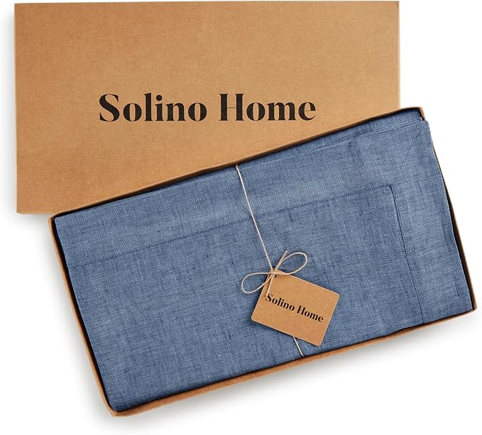 Solino Home Linen Tablecloth 60 x 108 Inch - 100% Pure Linen Blue Denim Table Cloth for Rectangular Tables - Athena, Machine Washable Cloth Tablecloth for Summer