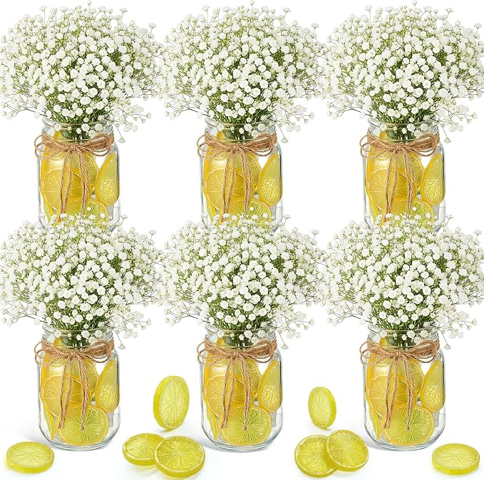 Suncalla 49 Pcs/6 Set Lemon Table Centerpiece Baby Breath Mason Jar with Burlap Fake Lemon Slices Gypsophila Centerpiece Decor for Engagement Party Bridal Shower Wedding Reception Picnic Table Decor