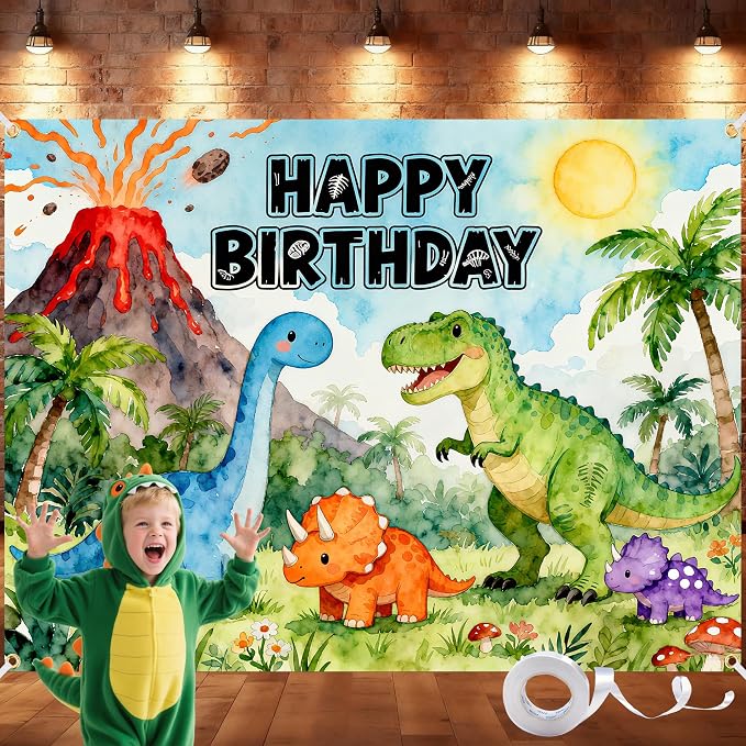 Dinosaur Birthday Backdrop 8x6FT – Large Happy Birthday Dinosaur Banner with Ribbon, Double-Stitched, Clear & Bright Dino Jungle Background for Boys Girls Birthday Party Decorations & Photoshoot Props