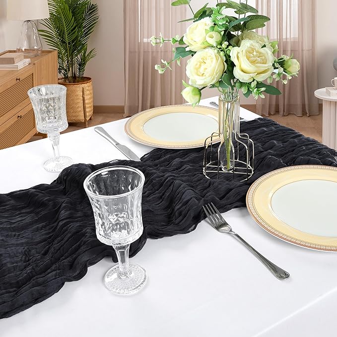 6 Pack 10FT Black Cheesecloth Table Runner 120 Inch Long Gauze Rustic Boho Spring Cheese Cloth Table Runner Sheer Fabric Decorations for Holiday Party Wedding Banquet Bridal Baby Shower Décor