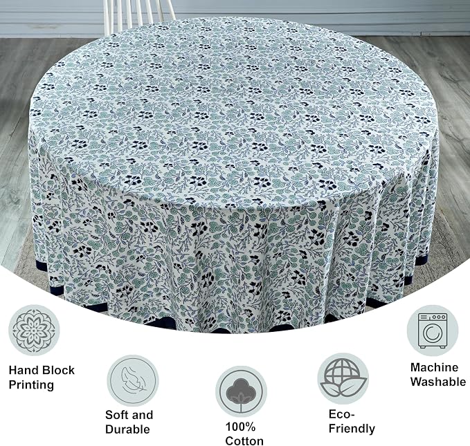 Ridhi Round Tablecloth Hand Block Print 100% Cotton Reusable Denim Blue 132 Inch Table Cover Decorative Everyday Use for Dining, Home, Party, Wedding, Farmhouse, Party Gift for Spring, Mother's Day