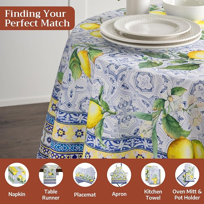 Maison d' Hermine Table Cloth Round Table 100% Cotton 63 Round Inches Tablecloth Reusable Decorative for Dining Kitchen Room Farmhouse Party Home Hotel Restaurant Spring Summer - Citrus