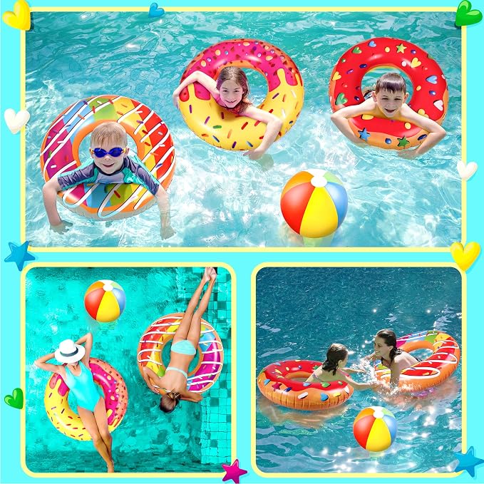 90shine 7-Pack Donut Pool Floats: Inflatable Floaties Rings and Beach Balls, Floating Tubes & Toys for Kids Adults, Swimming Beach Pool Party Decorations