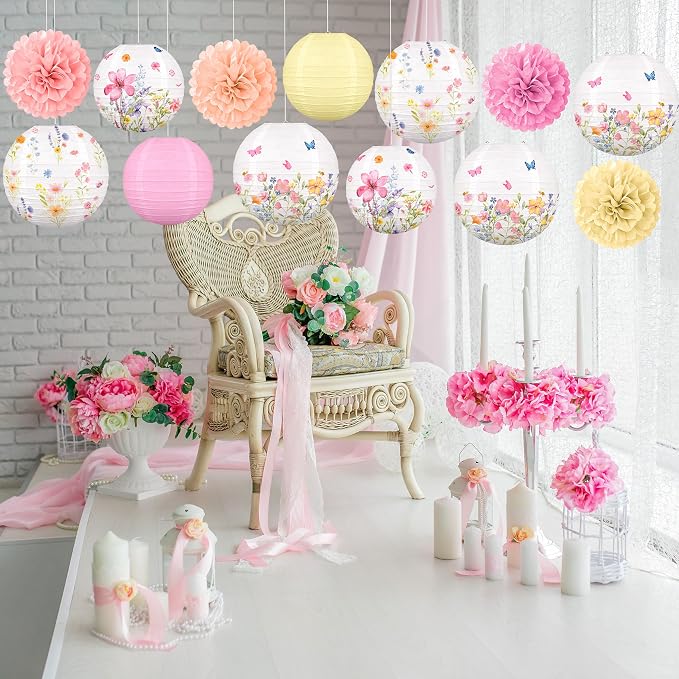Renbuzhu 13PCS Wildflower Party Decorations Hanging Paper Lanterns Pom Poms for Baby in Bloom Baby Shower Fairy Birthday Tea Garden Spring Home Indoor Outdoor