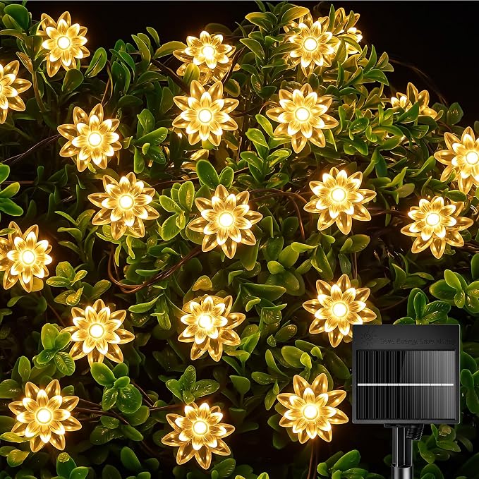 Brightown 50 LED Warm White Solar Flower String Lights Outdoor, IP65 Waterproof Fairy Lights, 8 Modes Solar Christmas Lights Outdoor for Garden Fence Yard Lawn Tree Wedding Party