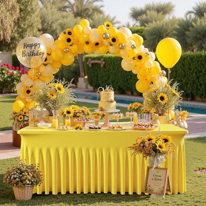 leegleri 4 Pack Yellow Spandex Table Clothes for 6 Foot Rectangle Tables, Wrinkle Free Fitted Table Cloth 6ft Stretch Tablecloths for Parties Weddings Birthday Banquet Baby Shower