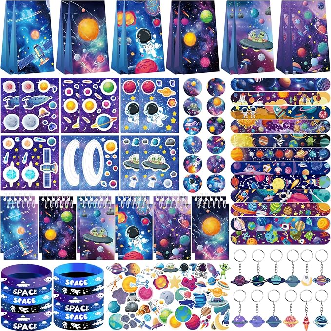 Space Party Favors, Space Themed Birthday Supplies, Including Gift Bag, Stickers, Silicone Wristbands, Badge, Notebook, Keychain, for Kids Birthday Goodie Bag Fillers Class Prizes