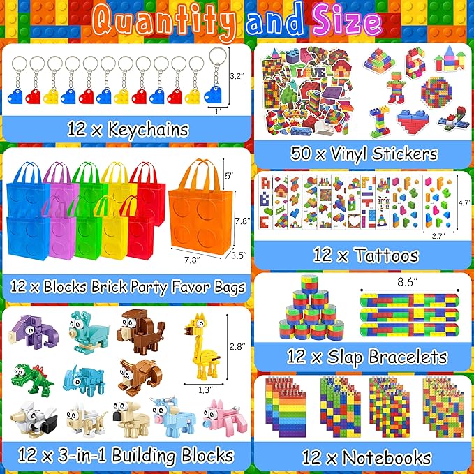 LINAYE 12 Packs Building Blocks Party Favors - 122 Pcs Birthday Party Favors Supplies with Goodie Bags, Animals Building Blocks, Notebooks, Tattoo Stickers Sheets Gift Bag Stuffers for Kids