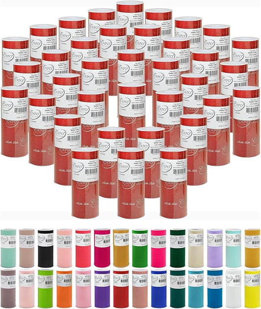 Expo International Decorative Matte Tulle, Lightweight Polyester Tulle Fabric for Tutus, Costumes, and Party Decorations, Washable, Easy-to-Use, 6 Inch x 25 Yards, Red, Pack of 36
