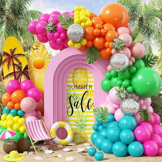 Tropical Balloons Garland Arch Kit, 130Pcs Hawaii Balloon Arch Kit, 18 10 5 Inch Summer Green Hot Pink Orange Yellow Balloons, Hawaii Party Decorations for Swimming Surfing Beach Party Birthday
