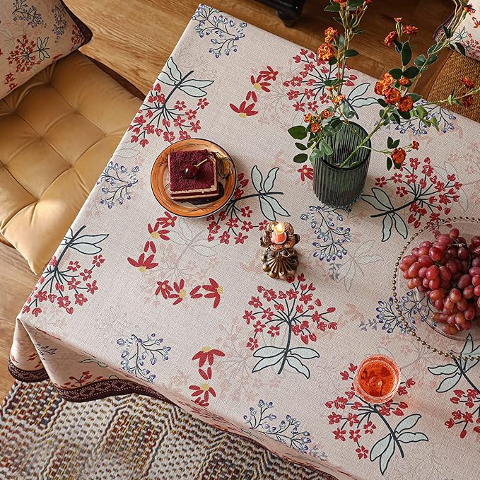 patdrea Vintage French Linen Tablecloth,Rectangular,71"x55"-NewMari | Elegant Printed Table Cloth for Rectangle Table,Red Floral Patterned,Dining Room Kitchen Tea Party Decoration,Durable