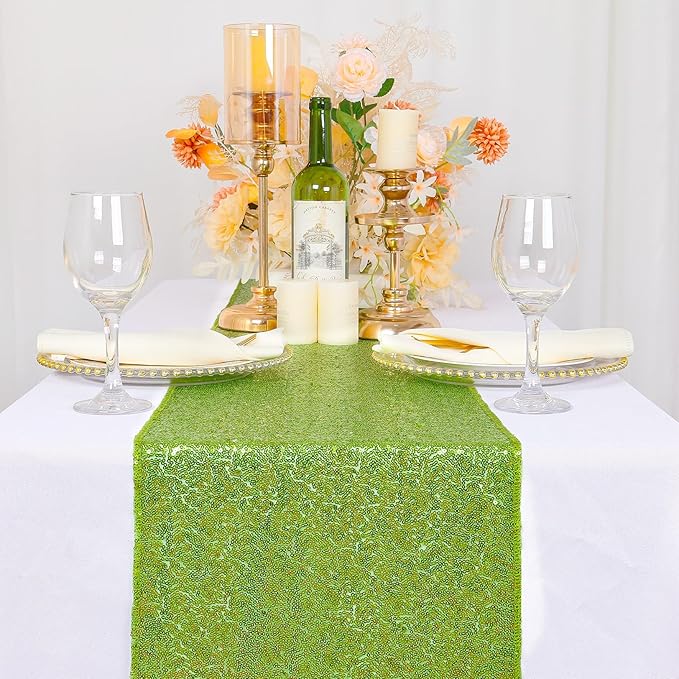 ShinyBeauty Green Table Runner 108 inches Long Christmas Decorations 12X108 Inch Sequin Table Runners Glitter Linen for Birthday Party Events Outdoor New Year Tables Decor