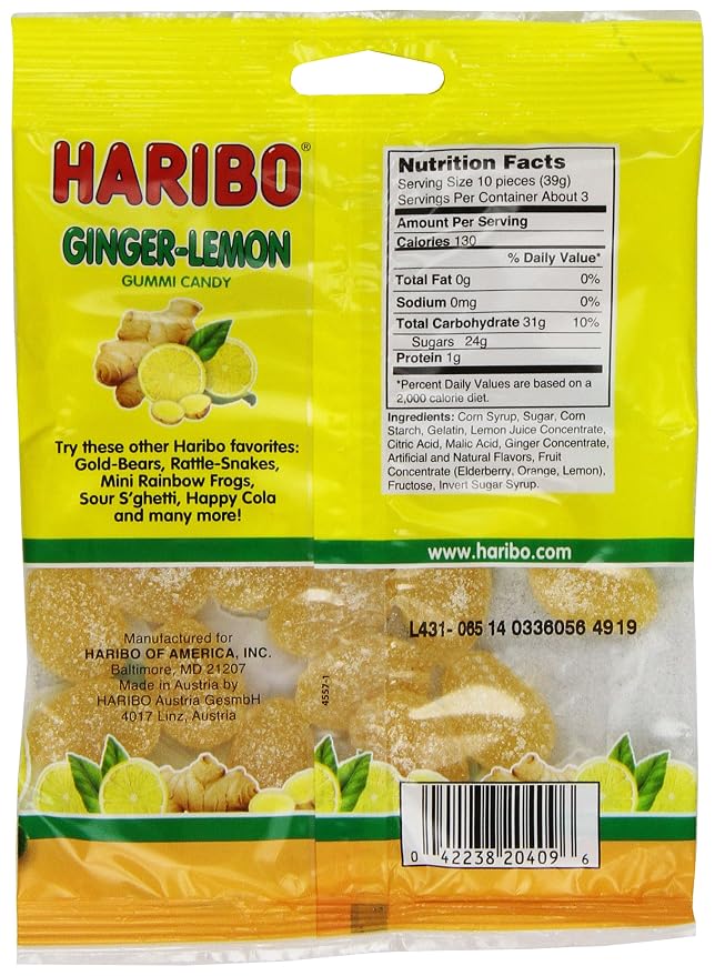 HARIBO Gummi Candy, Ginger-Lemon Gummy Candy, 4 Ounce Share Size Bags (Pack of 12) Delicious Soft & Chewy Sweet Snacks, Zesty Lemon & Warm Ginger Flavor