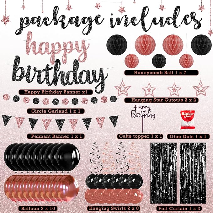 Rose Gold and Black Birthday Party Decorations Set - Happy Birthday Banner Balloons Foil Curtains Hanging Swirls for Women Girls Birthday Party Supplies
