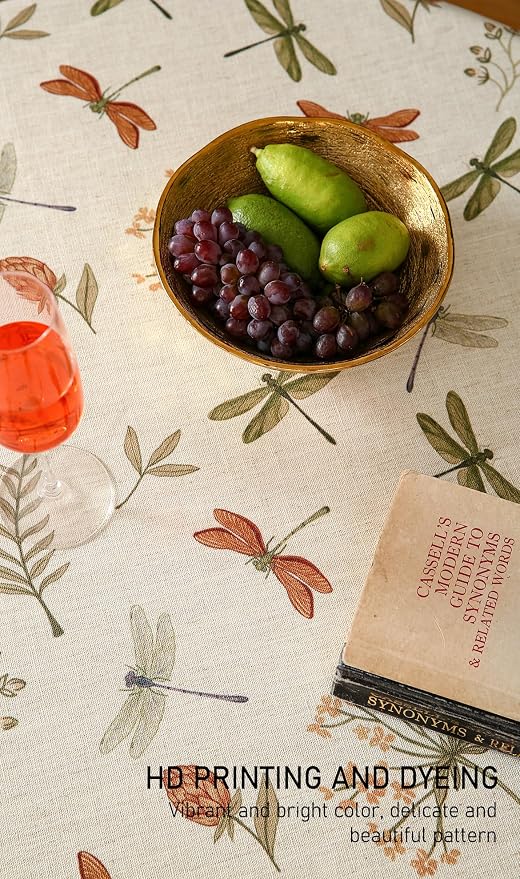 ISAENNE Designer Round Elegant Linen Tablecloth,Diameter 67"-Grace B | Vintage French Printed Table Cloth Round Table,Dragonfly Pattern,Durable,Heavyweight,Dining Room,Kitchen,Thanksgiving