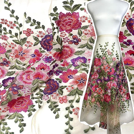 Lace Fabric 2Yards Beautiful Multi Color Flower Embroidery Plant Lace Fabric Barcode Apricot Mesh Bottom Embroidery Width 21 ‘’ DIY Girls Dress Accessories