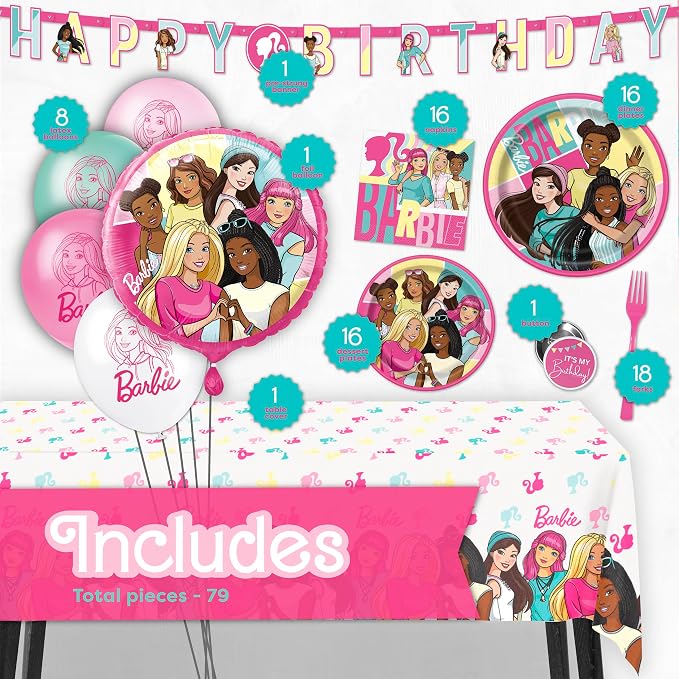 Barbie Birthday Party Decorations | Barbie Party Decorations | Serves 16 Guests | Balloons, Banner, Tablecover, Plates, Napkins, Button | Officially Licensed
