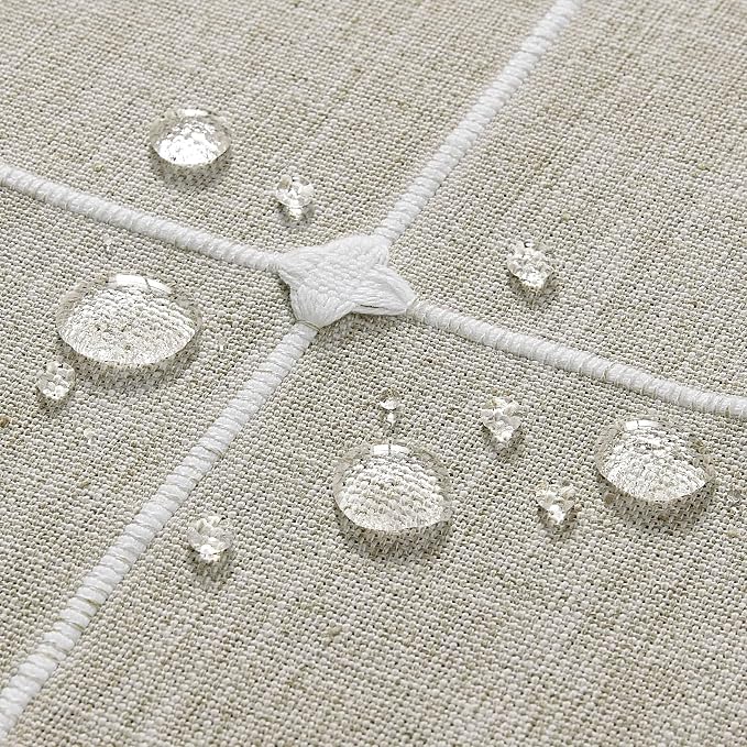 ZeeMart Grid Embroidered Hemmed Tablecloths, Raw Linen 52x52 Inch, Farmhouse Style Heavy Weight Cotton Linen Beige Tablecloths, Boho Plaid Water Resistant Square Table Cloth