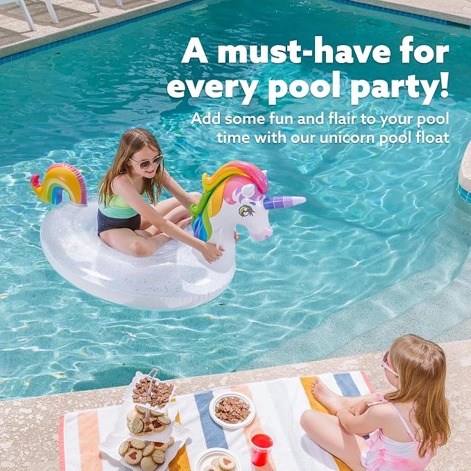 JOYIN Unicorn Pool Float Kids - Inflatable Rainbow Unicorn Floaty with Glitters Fun Floats, Ride On Beach Lake Floaties Raft Lounge, Party in Summer Decorations Pool Toys for Kids