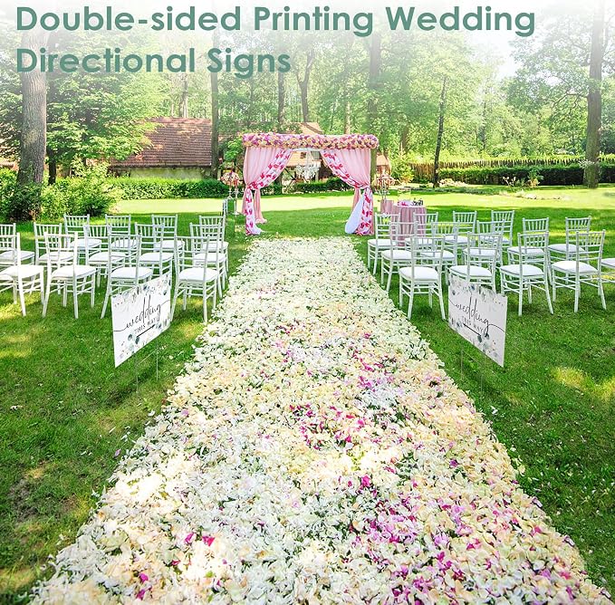 3 Pack 17''×12.5'' Wedding This Way Signs Double Sided Printed Wedding Directional Parking Sign with Stakes for Ceremony Reception Lawn Yard Arrow Signs Plastic Rainproof Party Supplies,Green Leaf