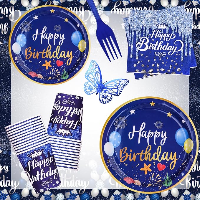 Blue Happy Birthday Party Supplies Tableware Set Birthday Decoration with Banner and Tablecloths Plates Cups Napkins Party Dinnerware for 24 Guests Men Boys