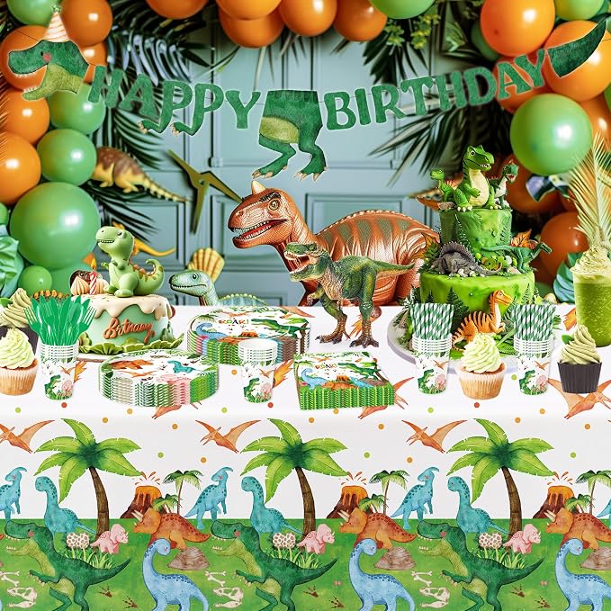 Srua Don Dinosaur Birthday Party Supplies Boy - Dino Dinosaur Birthday Decorations Tableware, Paper Plate, Cup, Napkin, Tablecloth, Disposable Cutlery, Banner, Serves 24