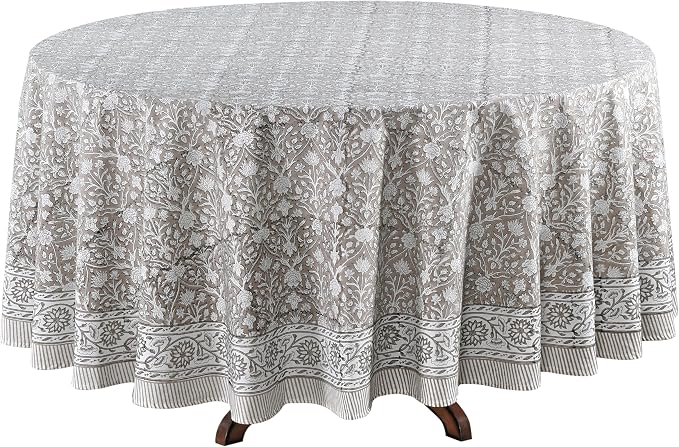 Ridhi Round Tablecloth Hand Block Print 100% Cotton Reusable Taupe 120 Inch Table Cover Decorative Everyday Use for Dining, Home, Party, Wedding, Farmhouse, Party Gift for Spring, Mother's Day
