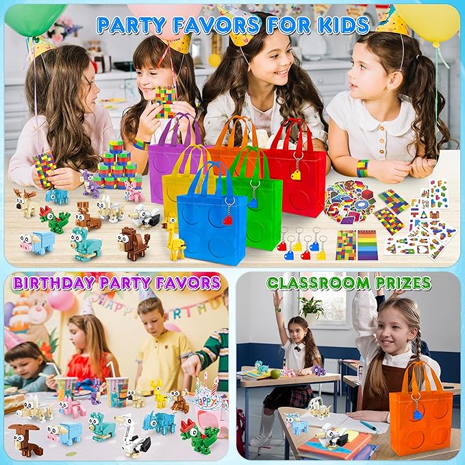 LINAYE 12 Packs Building Blocks Party Favors - 122 Pcs Birthday Party Favors Supplies with Goodie Bags, Animals Building Blocks, Notebooks, Tattoo Stickers Sheets Gift Bag Stuffers for Kids