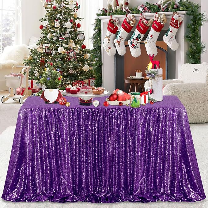 QueenDream Sequin Tablecloth 60"x102" Purple Tablecloth Glitter Party Table Cloth Overlay for Wedding Birthday Decorations