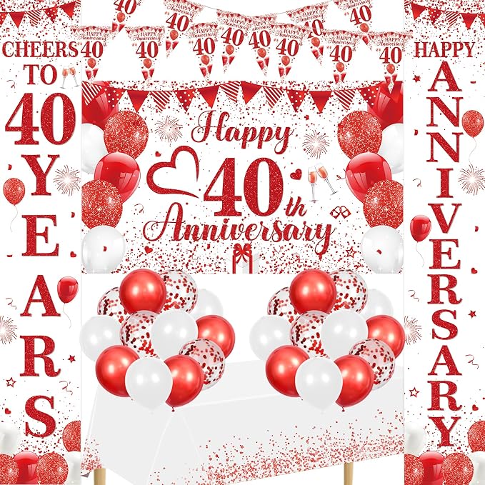 Red Happy 40th Anniversary Decorations for Men Women, Red White 40th Wedding Anniversary Party Decorations Banner, Porch Banner, Triangle Flag, Tablecloth and Balloons Kit Party Supplies